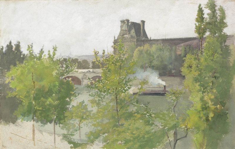Louvre de Arthur Bowen Davies, óleo sobre tela, retratando uma paisagem com cores ricas e profundidade emocional.