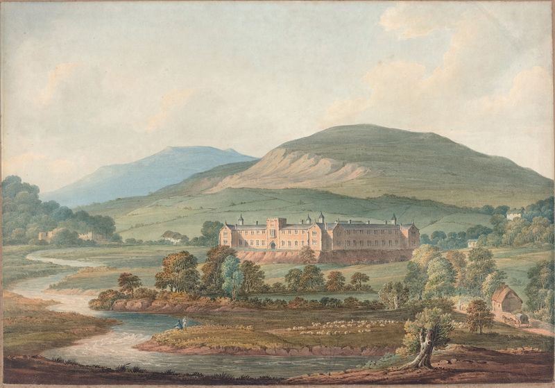 Landscape view of an estate with greenery and a path by John William Upham.