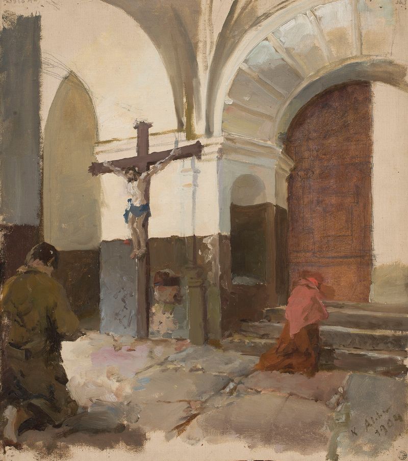 Interior scene of a church porch, oil painting by Kazimierz Alchimowicz