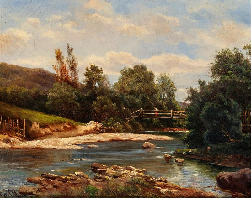 Un paisaje con un arroyo y un puente, pintura al óleo de Carl Moll