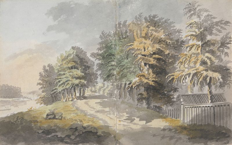 Miller Lane & Trees by River, oil on canvas by James Miller, depicting a serene river and lush trees.