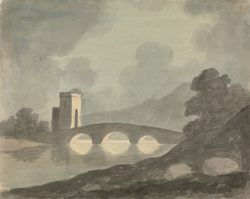 Watercolour by Edward Francis Burney depicting a bridge over a river with a distant tower.
