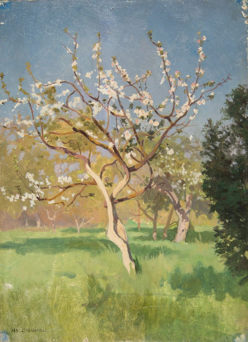 Apple-Tree in Blossom de Jan Stanisławski, óleo sobre lienzo, con flores rosa pálido y vegetación vibrante.