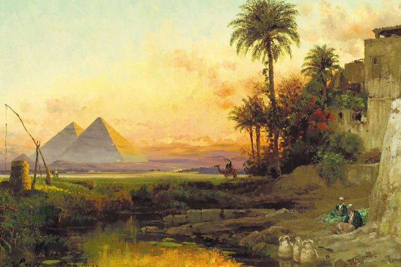 The Pyramids at Dusk by Carl Wuttke, oil painting depicting pyramids at sunset.