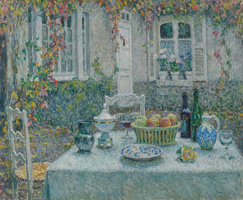 Still life of a wooden table with soft light, oil painting by Henri Le Sidaner