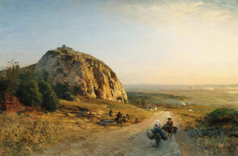 Landscape in the Campagna by Albert Flamm, oil on canvas depicting rolling hills and a pastel sky.