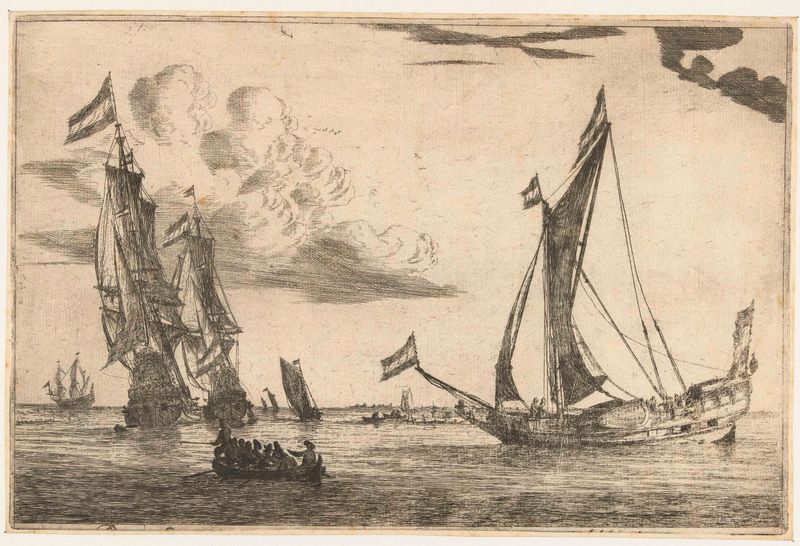 Grabado de Reinier Nooms que muestra barcos de guerra y un yate en el mar