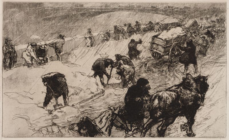 Grabado de Auguste Louis Lepère que muestra a niños jugando en la nieve