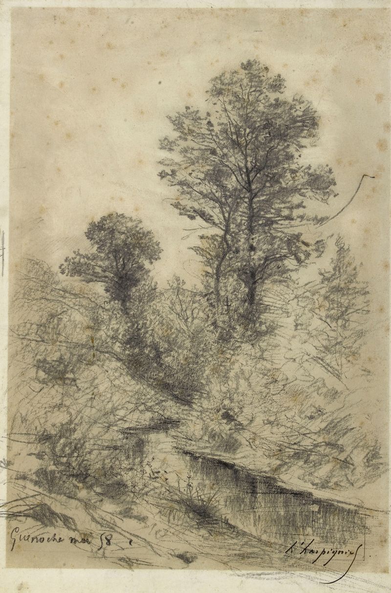 Pintura al óleo de paisaje de Henri-Joseph Harpignies que muestra colinas y naturaleza serenas.