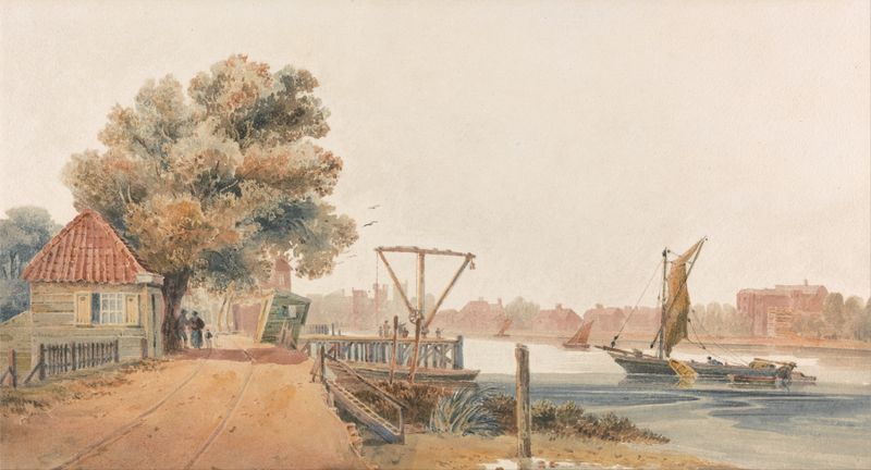 Millbank de David Cox, acuarela sobre papel que representa un paisaje con árboles y un horizonte brumoso.
