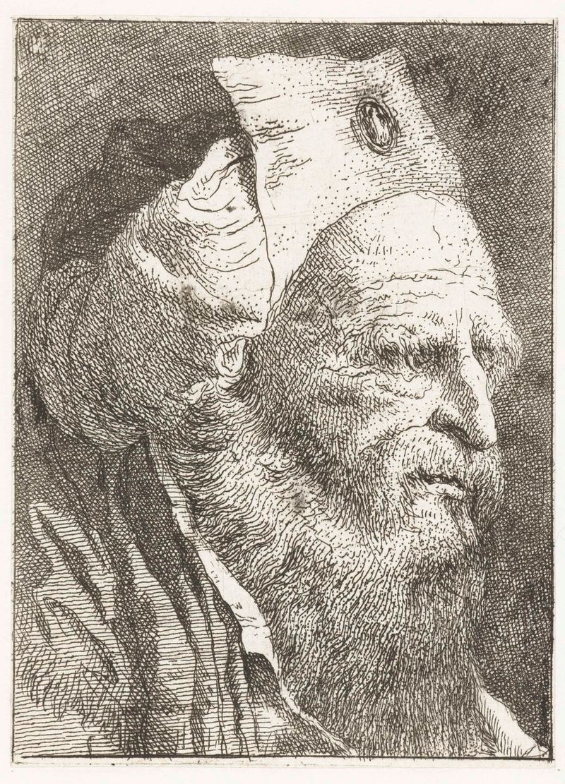 Grabado de Giovanni Domenico Tiepolo que representa a un hombre con un sombrero de ala ancha en contemplación