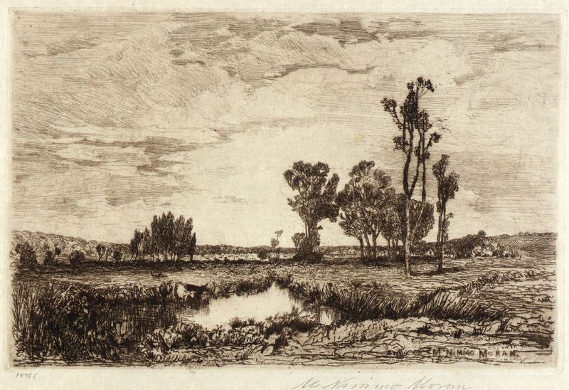 Cattle in a Pond by Mary Nimmo Moran, oil painting depicting cattle near water.