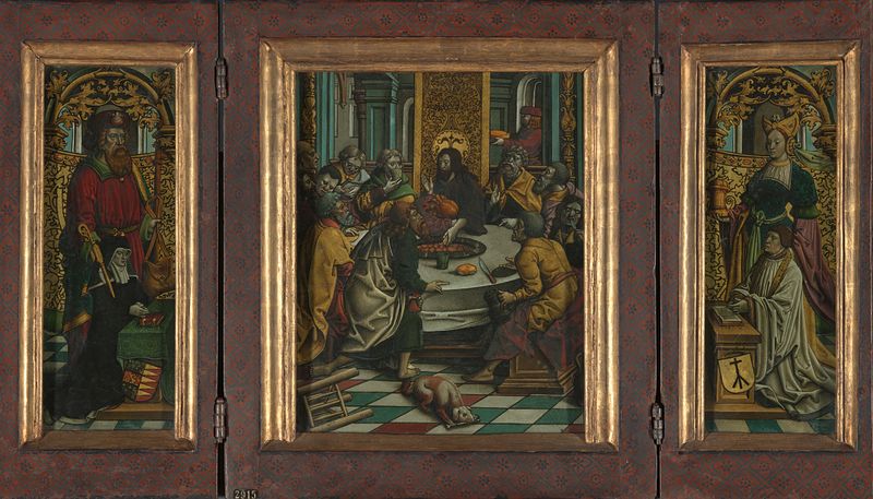 Triptych with the Last Supper and donors, verre églomisé by Jacob Cornelisz van Oostsanen