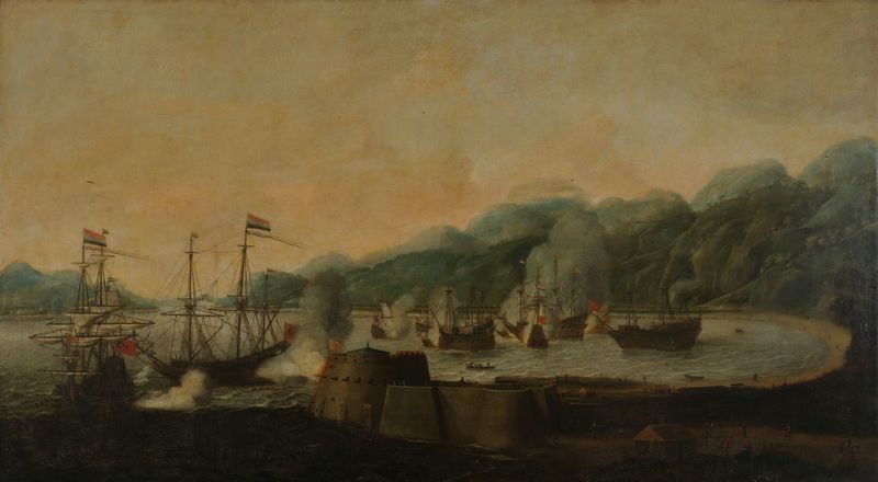 Naval battle scene with Dutch squadron and Portuguese galleons by Hendrick van Anthonissen, oil painting