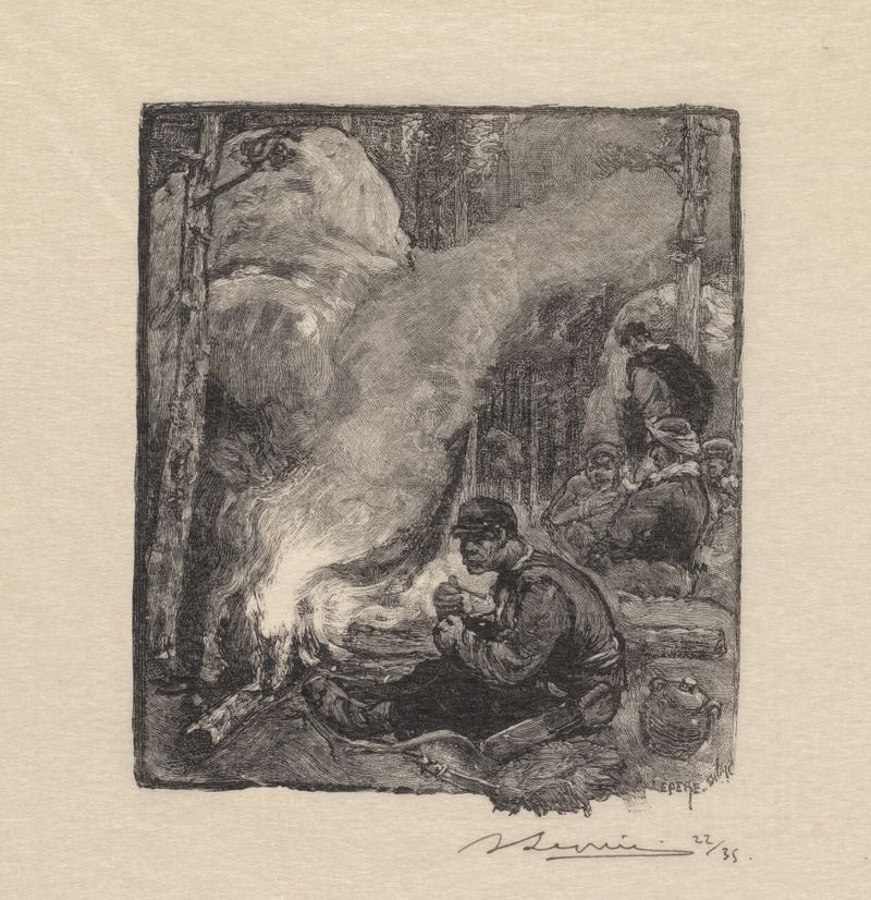 Xilografía de Auguste Louis Lepère que muestra a leñadores reunidos para una comida