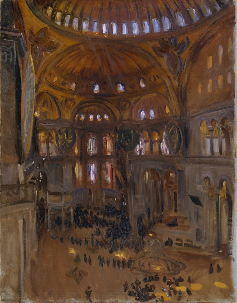 Santa Sofia de John Singer Sargent, pintura a óleo com uma grande cúpula de basílica e cores vibrantes.