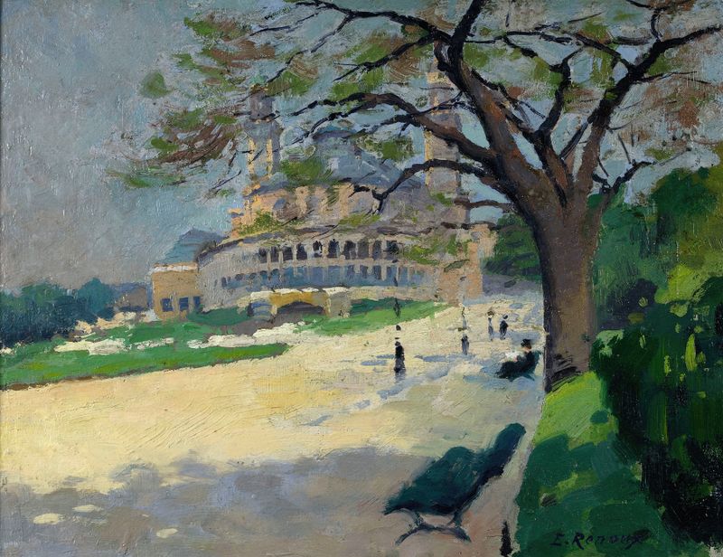Landscape with gardens and the Trocadéro by Ernest Jules Renoux, oil painting