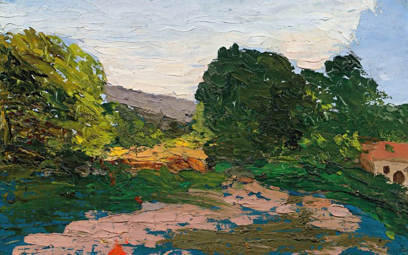 Paysage Du Midi de Paul Cézanne, pintura al óleo que representa un paisaje sereno con colinas y árboles.