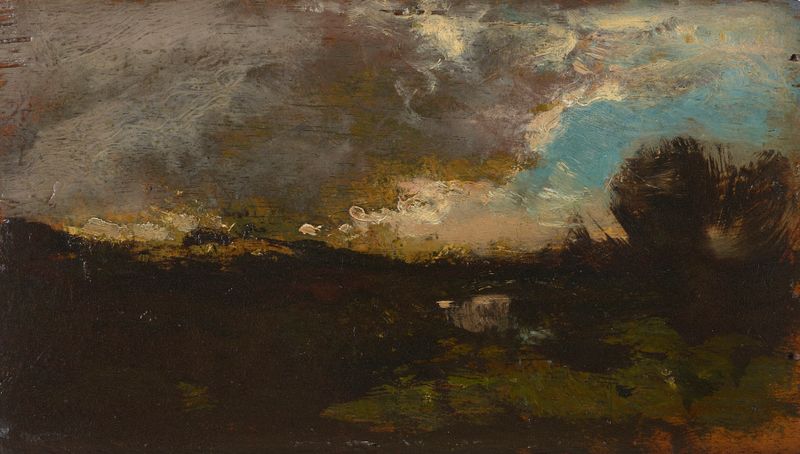 Uma paisagem que retrata a natureza serena com grama e céu de William Keith