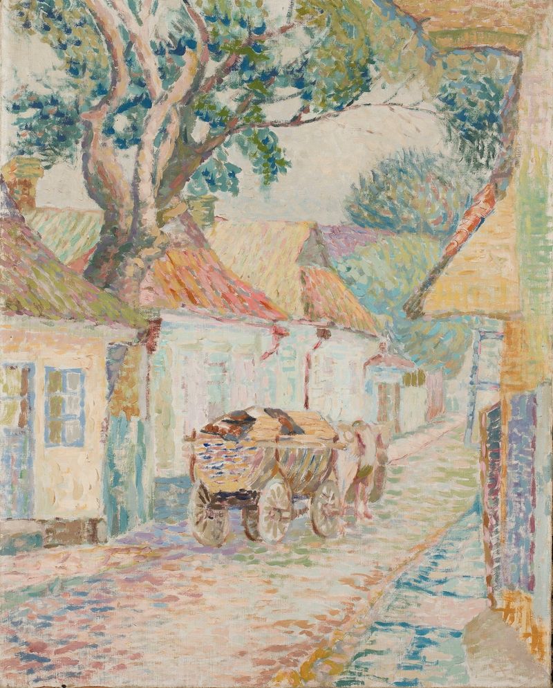 Landscape with a cart by Stanisław Charzyński, oil on canvas, featuring a rustic cart and expansive sky.