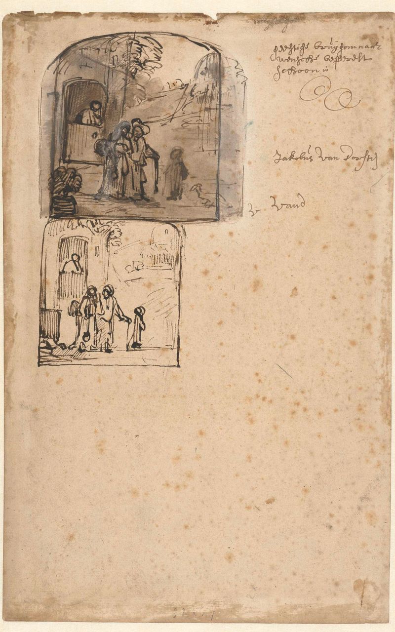 Dois esboços da dispensa de Agar de Jacob van Dorsten, desenho que retrata Agar em uma paisagem.