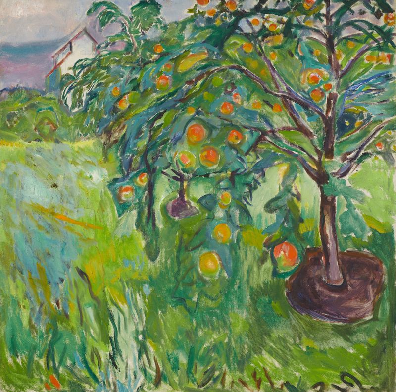 Apple Tree By The Studio de Edvard Munch, óleo sobre lienzo que representa un árbol de manzana vibrante