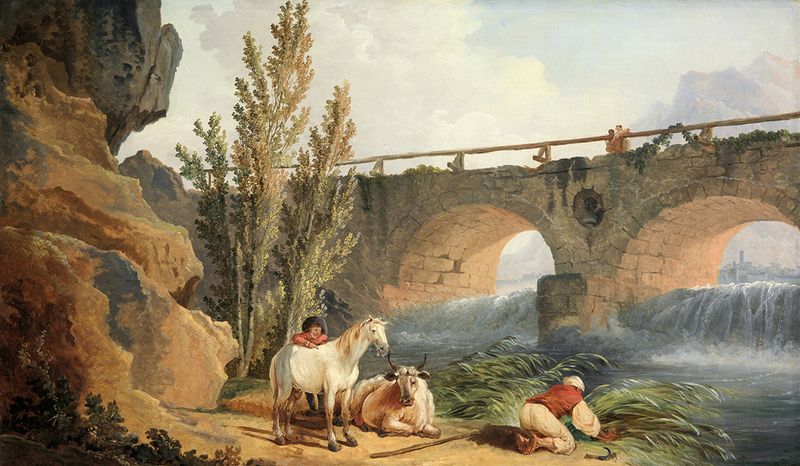 Puente sobre una cascada, óleo sobre lienzo de Hubert Robert