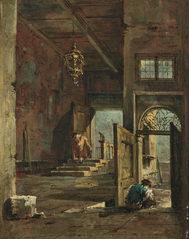 Cena de pátio interior com figuras de Francesco Guardi, estilo Rococó