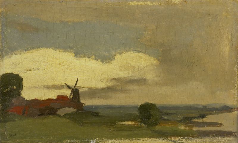 'Landschap met de molen van Wijk bij Duurstede' de Willem Witsen, óleo sobre tela que retrata uma paisagem serena.