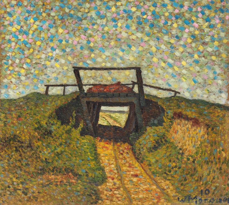 Paisagem com uma pequena ponte sobre um riacho, pintura a óleo de Wilhelm Morgner