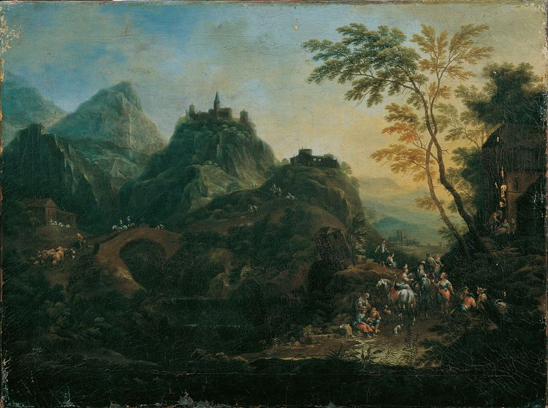 Landscape with a bridge over a stream, oil painting by Maximilian Joseph Schinnagl