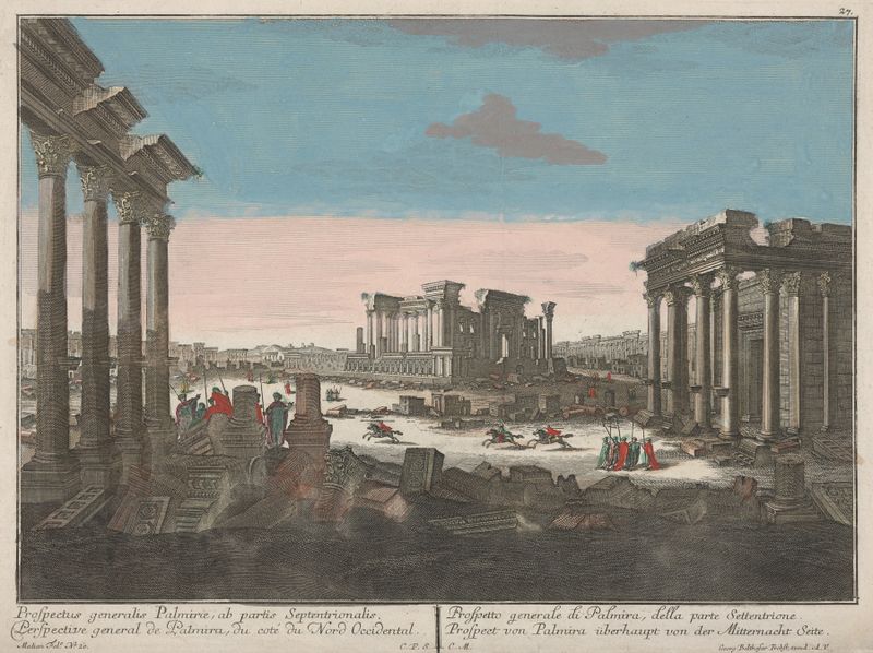 General Perspective of Palmira, engraving by Georg Balthasar Probst, depicting ruins and palm trees.
