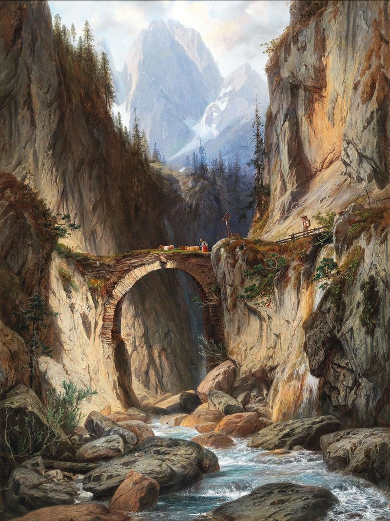 Oil painting by Willibald Wex depicting a serene landscape with a waterfall and rocky terrain.