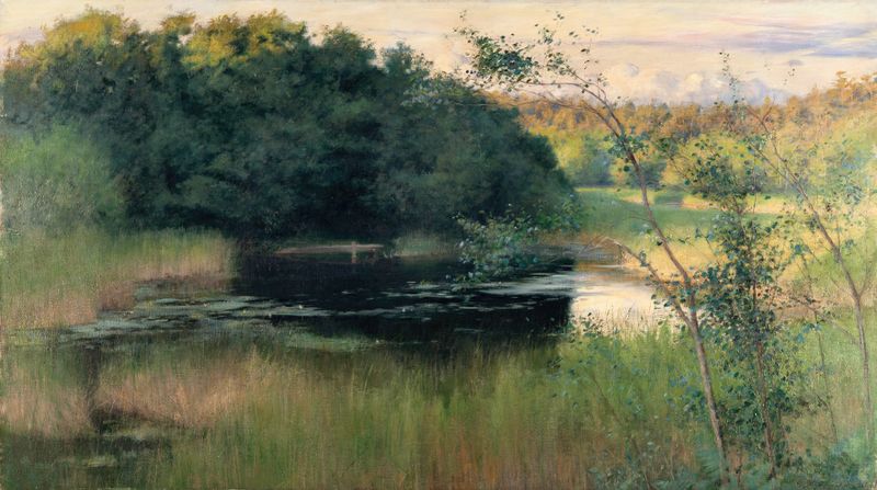 Summer Evening by Robert Thegerström, oil on canvas depicting a serene twilight landscape