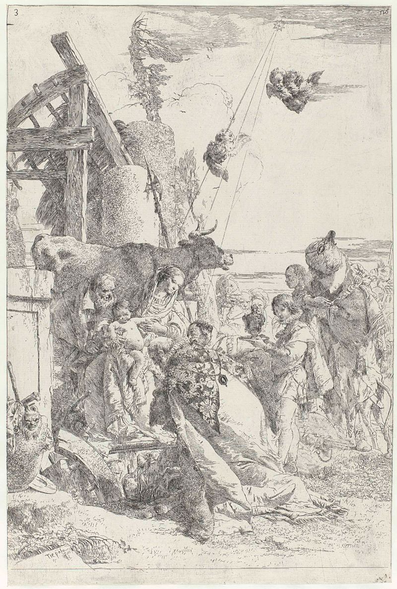 Etching by Giovanni Battista Tiepolo depicting the adoration of the Christ child by three kings.