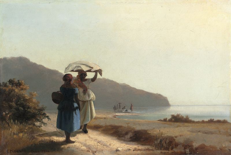 Dos mujeres charlando junto al mar en una pintura al óleo impresionista de Camille Pissarro