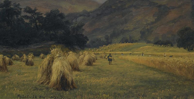 Haystacks in a landscape by Thomas Fearnley, oil painting