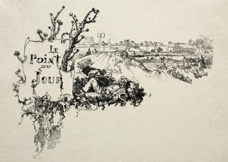 Grabado de Auguste Louis Lepère que muestra una figura en la orilla del agua