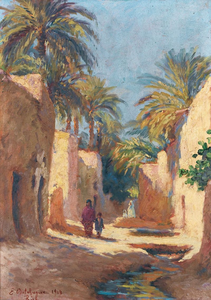 A Street In Biskra de Eugène-Jules Delahogue, impresionismo, representando una calle iluminada con figuras.