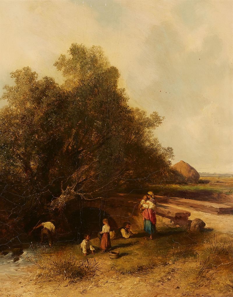 Genre scene depicting a family by a brook, oil painting by Paul Böhm