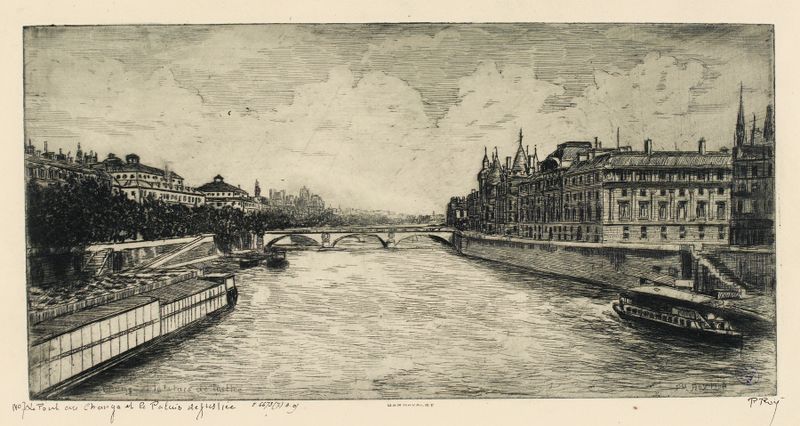 Oil painting by Pierre-Marcel Roy depicting a bridge over the Seine with the Palais de Justice.