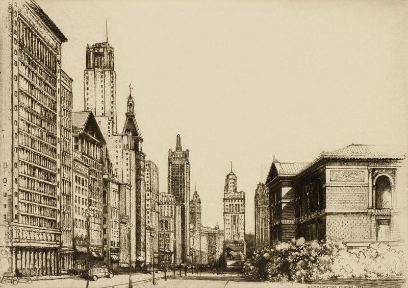 Paisagem urbana óleo de Donald Shaw MacLaughlan retratando o crepúsculo sobre edifícios.
