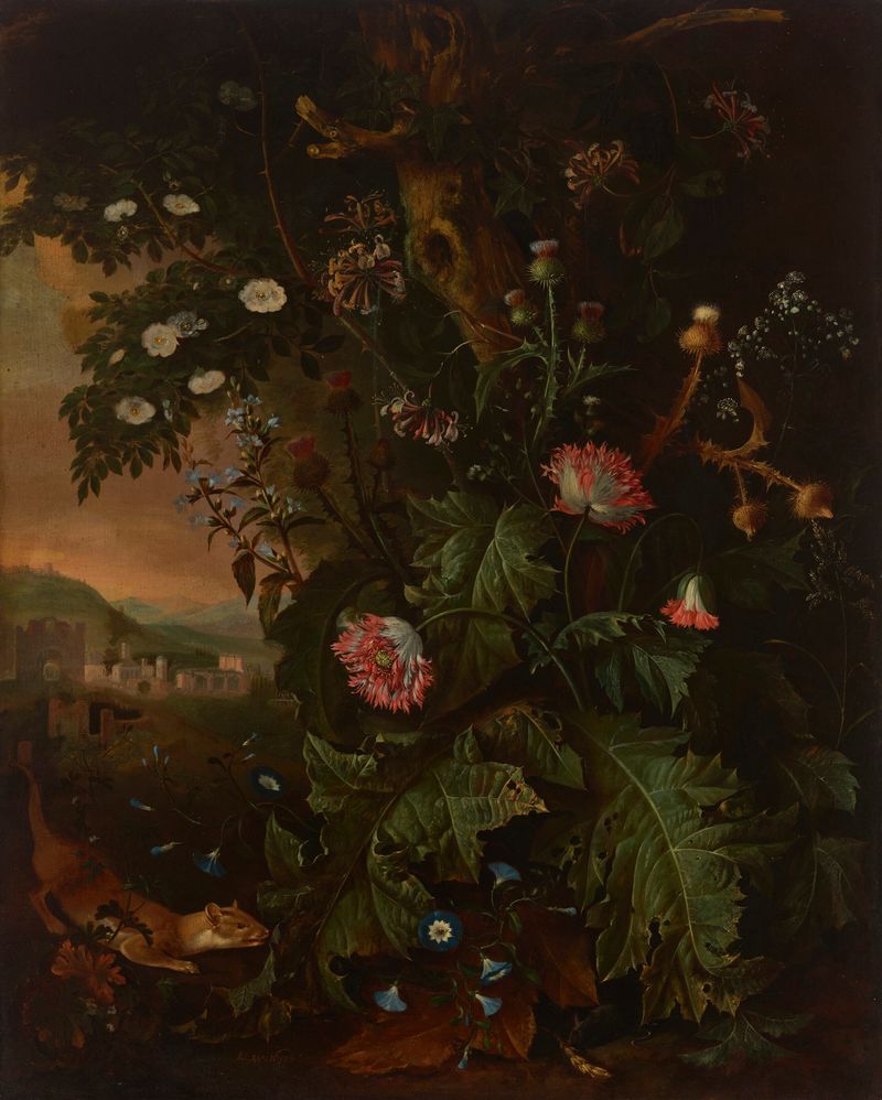 Natureza morta com uma doninha, um rato, uma papoula e um cardo, pintura a óleo de Matthias Withoos