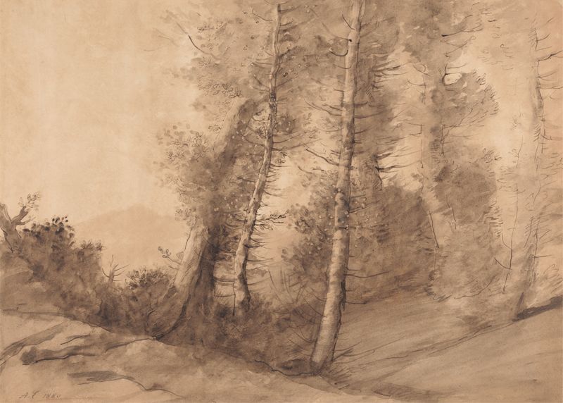 Paisagem com uma figura solitária na sombra sob árvores de Alphonse Legros, óleo