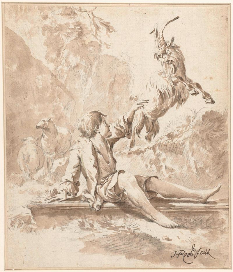 Genre scene of a shepherd boy playing with a goat, oil painting by Johann Heinrich Roos