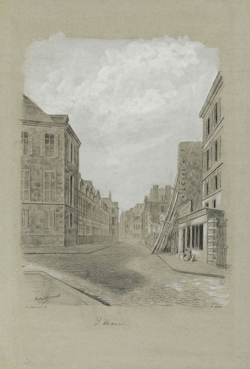 Rue de l’Arsenal, óleo sobre tela de Robert Frémont, retratando uma rua de paralelepípedos em Paris.