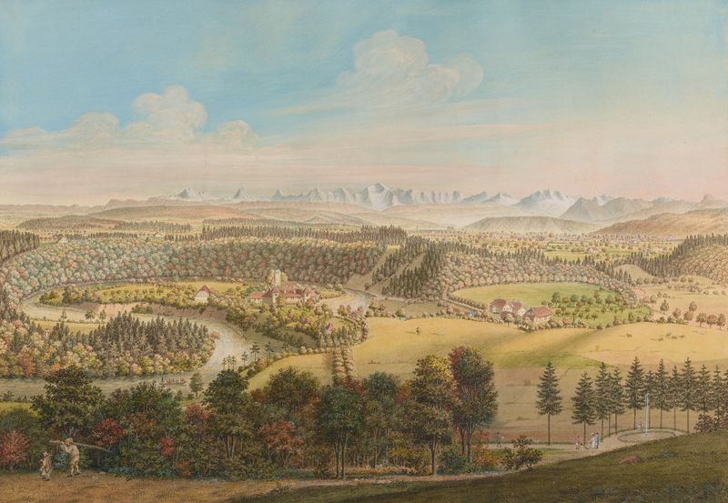 Landscape depicting Schloss Bremgarten und Zehndermätteli by Caspar Leontius Wyss, medium unknown.