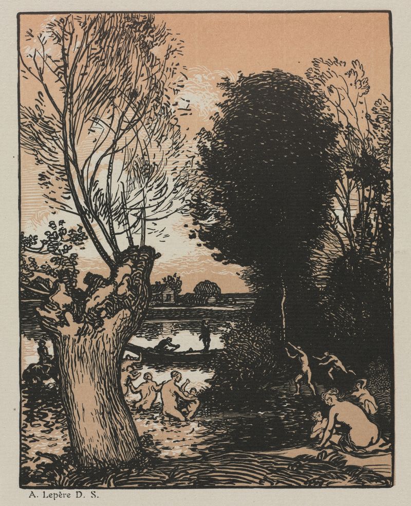Summer Evening de Auguste Louis Lepère, pintura al óleo que muestra un paisaje vibrante al atardecer
