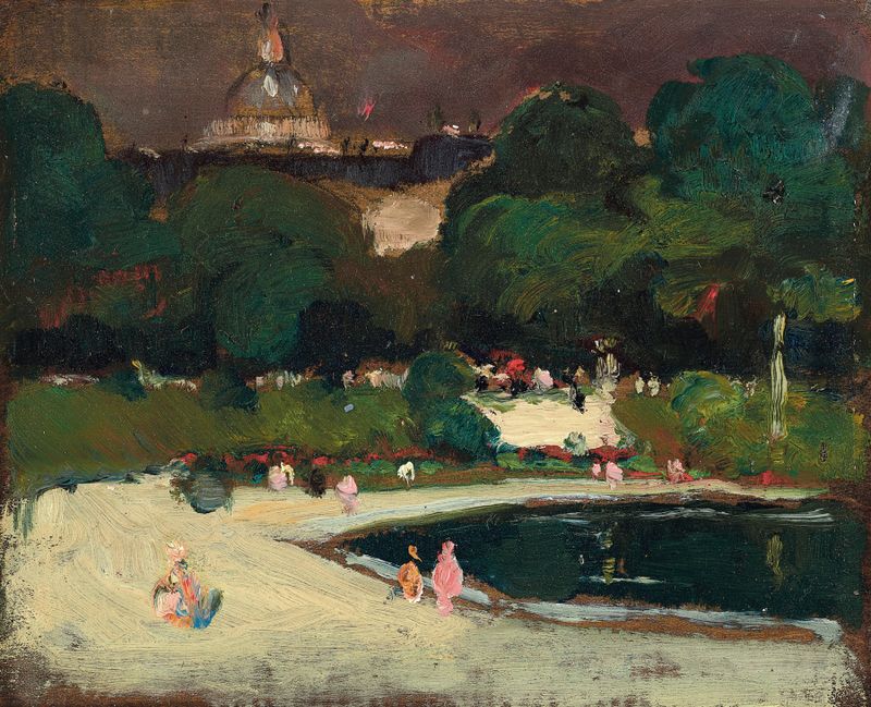 Luxembourg Gardens, Stormy Sky by Robert Henri, oil on canvas depicting a stormy sky over a vibrant garden