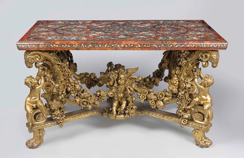 Obra de arte decorativa mesa de Pieter de Loose, óleo sobre tela, com brasões.